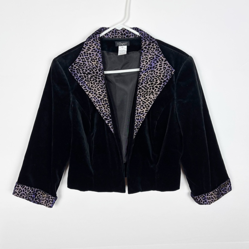 Vintage Althuser Blazer Black Velvet Leopard Print Shimmer Collar Cuffs Size 10